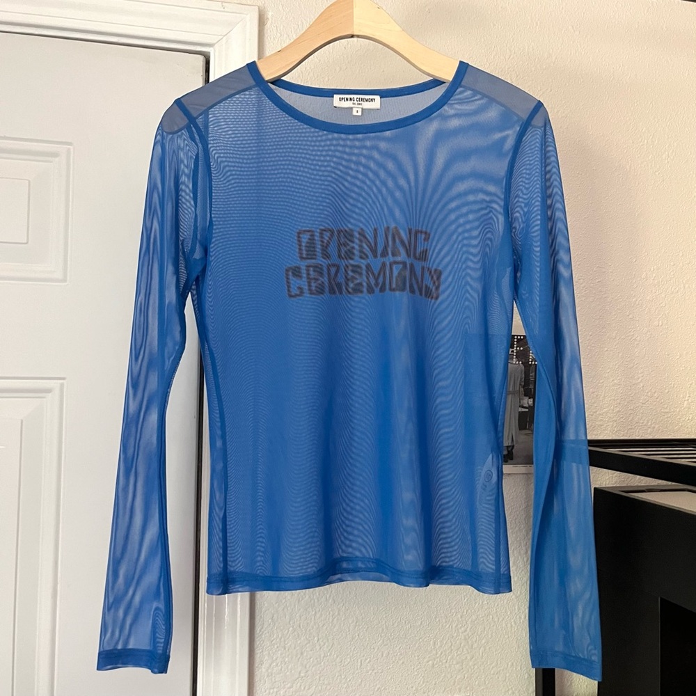 OPENING CEREMONY blue sheer mesh knit stretchy logo text font long sleeve tee